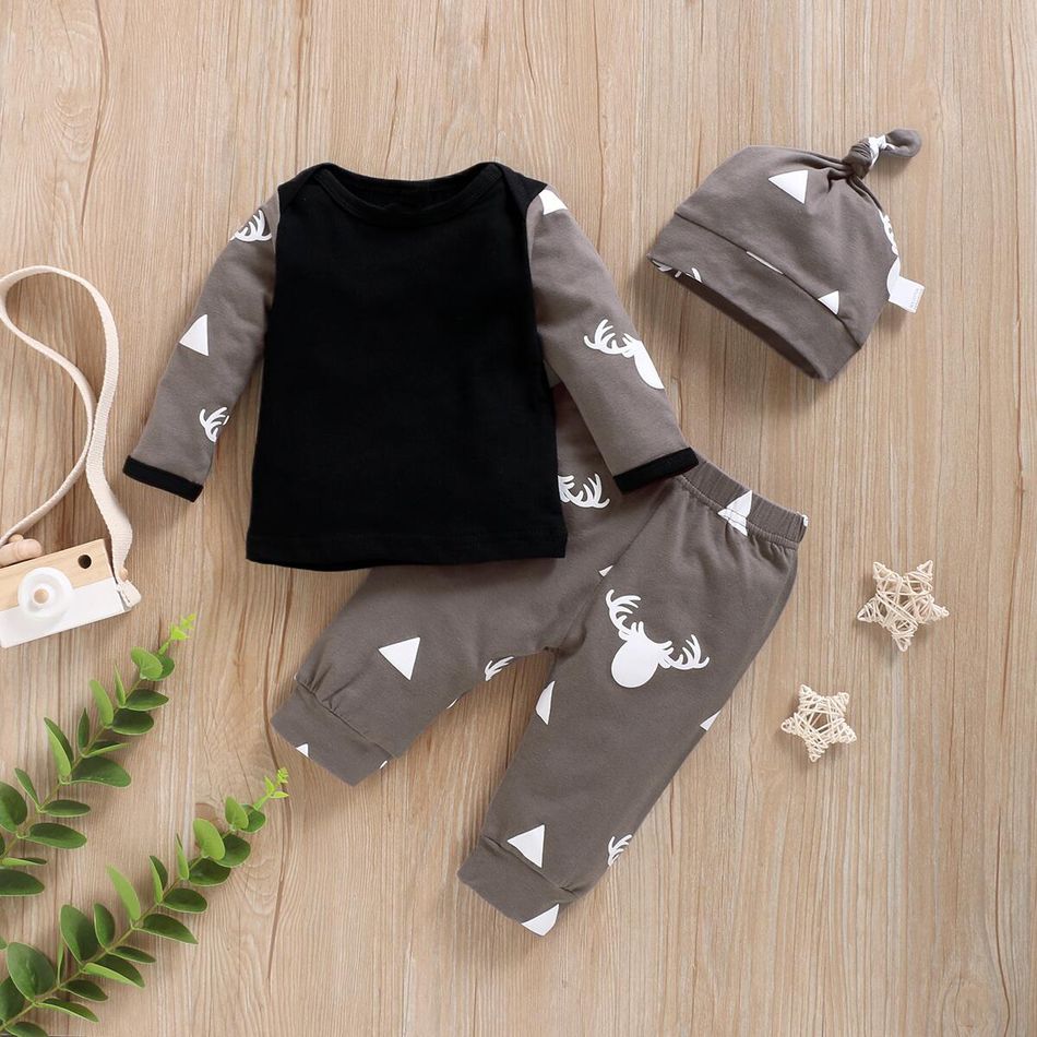 3pcs Elk Triangle Patterned Long Sleeve Baby Set Grey