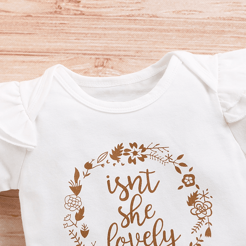 3pcs Baby Girl 95% Cotton Ruffle Short-sleeve Letter Print Romper and Dots/Floral Print Shorts with Headband Set White big image 6