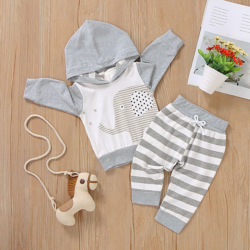2pcs Striped Elephant Print Hooded Long-sleeve Baby Set Light Grey