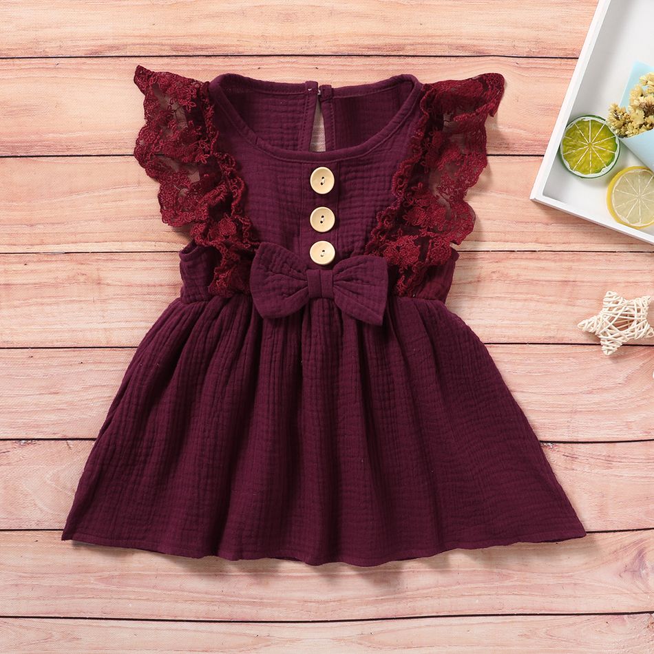 Baby Girl 95% Cotton Crepe Sleeveless Lace Bowknot Button Dress Burgundy big image 3
