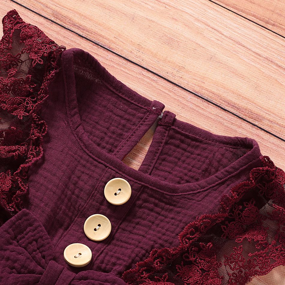 Baby Girl 95% Cotton Crepe Sleeveless Lace Bowknot Button Dress Burgundy big image 4