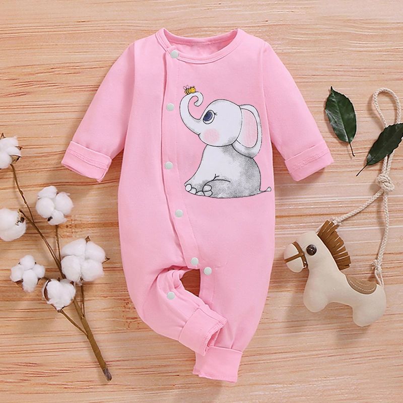 Elephant Print Long-sleeve Pink Baby Jumpsuit Pink