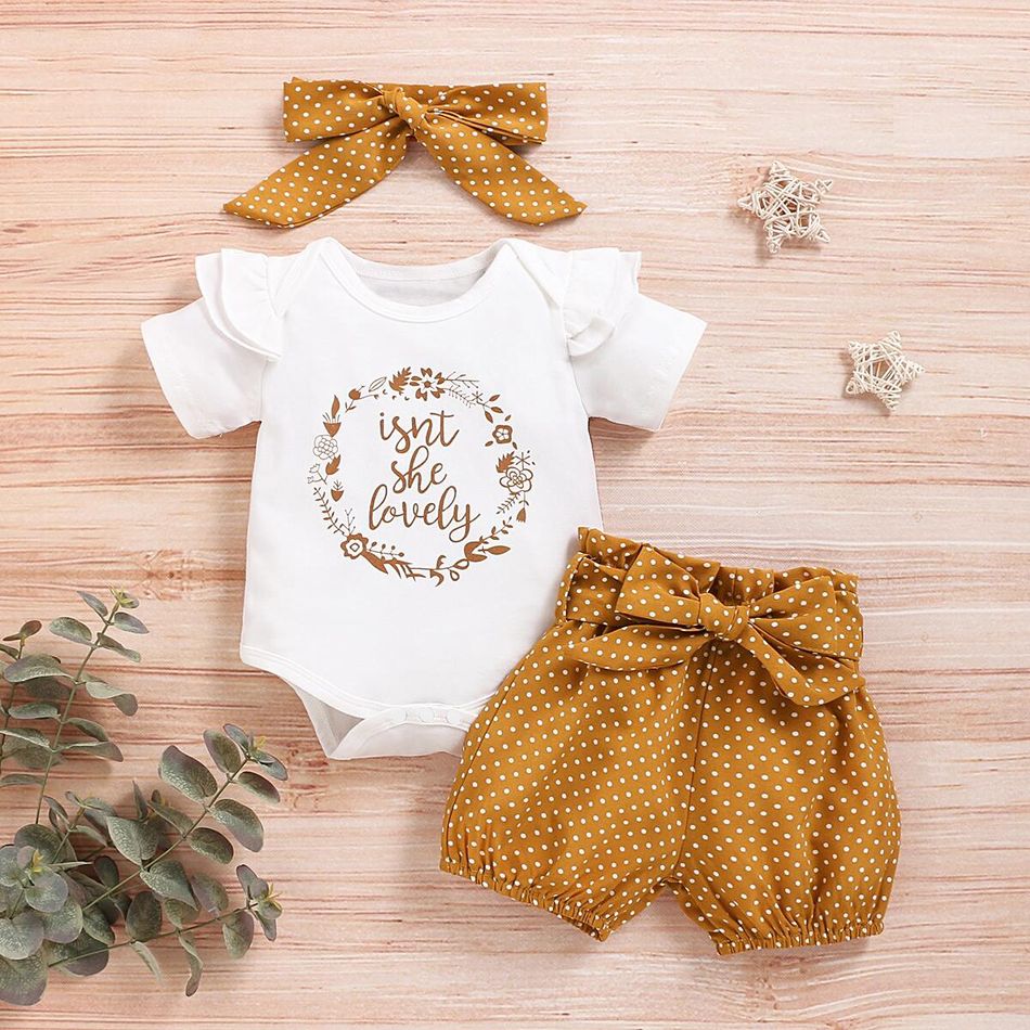3pcs Baby Girl 95% Cotton Ruffle Short-sleeve Letter Print Romper and Dots/Floral Print Shorts with Headband Set White