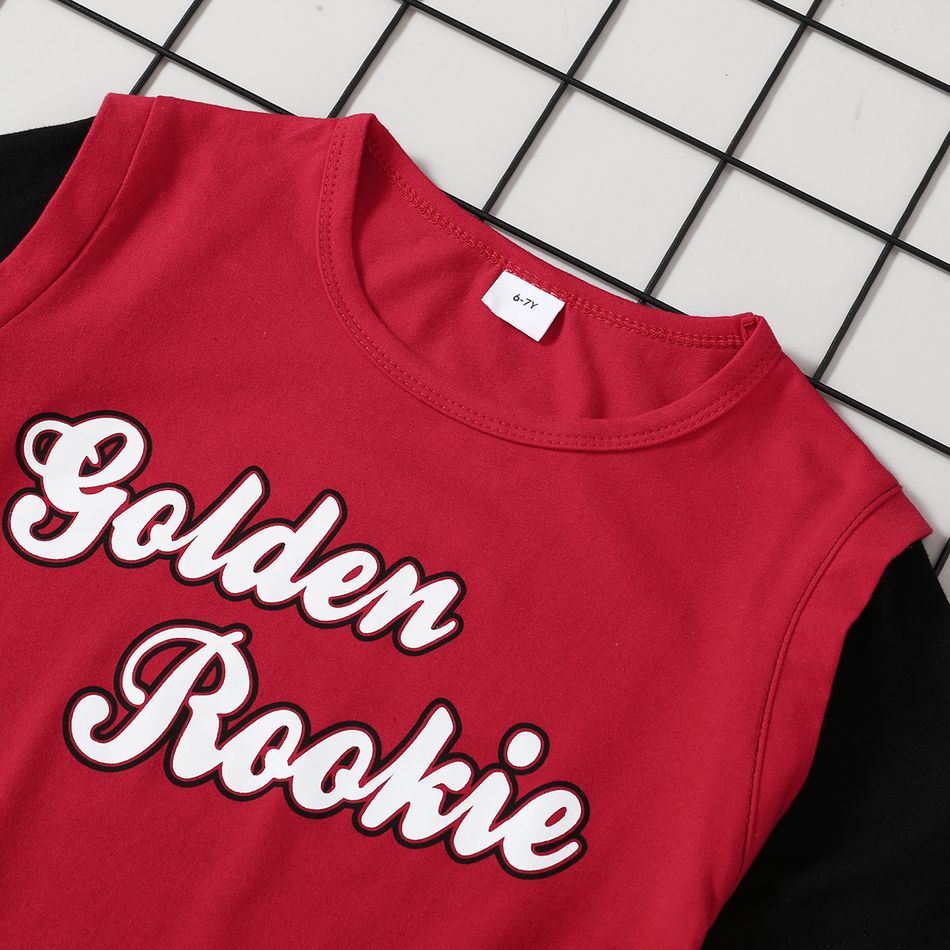 'Golden rookie' Color Block Letter Print Tee and Shorts Athleisure Set for Toddlers / Kids Red big image 2