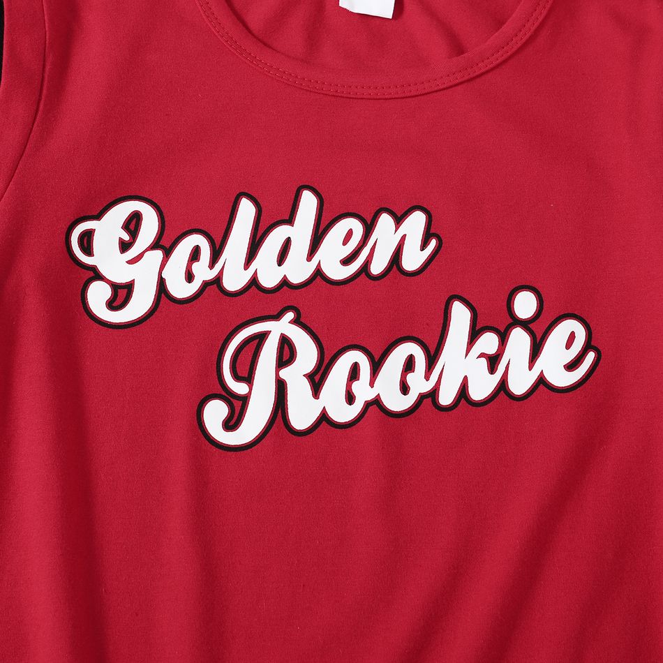 'Golden rookie' Color Block Letter Print Tee and Shorts Athleisure Set for Toddlers / Kids Red big image 3