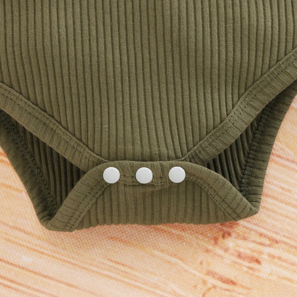 3pcs Baby Girl 95% Cotton Ribbed Ruffle Long-sleeve Romper and Camo Print Pants with Headband Set Army green big image 4
