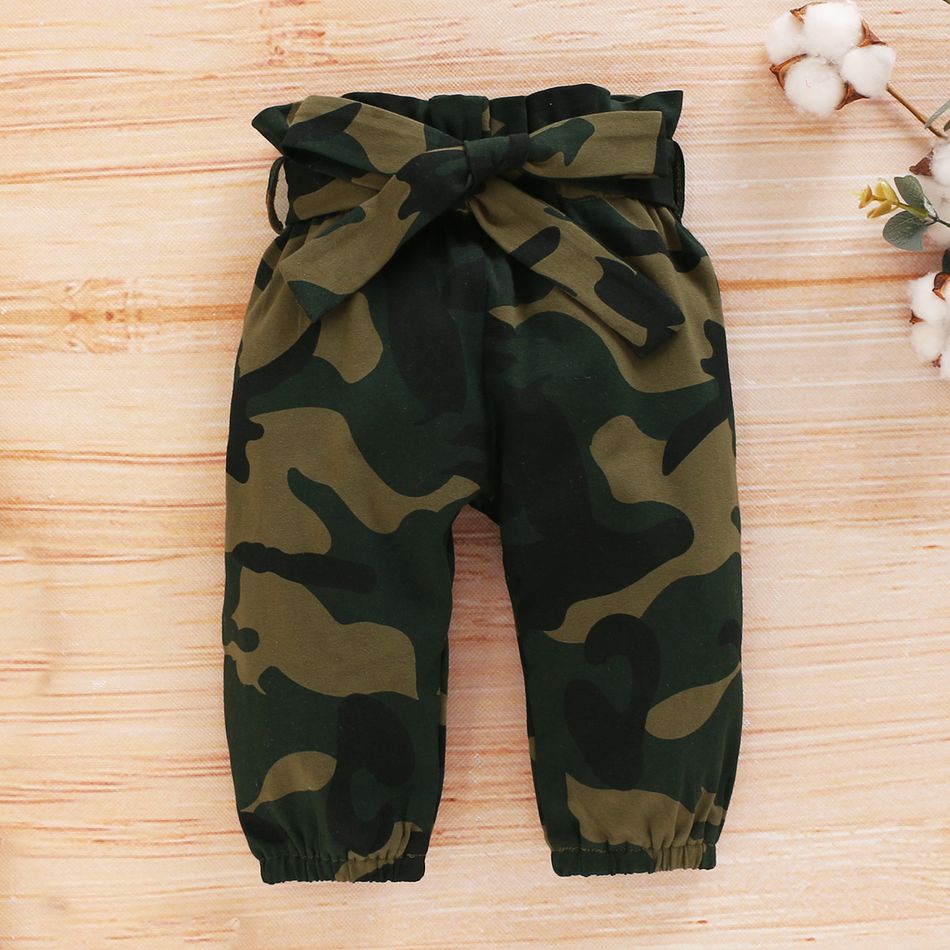 3pcs Baby Girl 95% Cotton Ribbed Ruffle Long-sleeve Romper and Camo Print Pants with Headband Set Army green big image 5