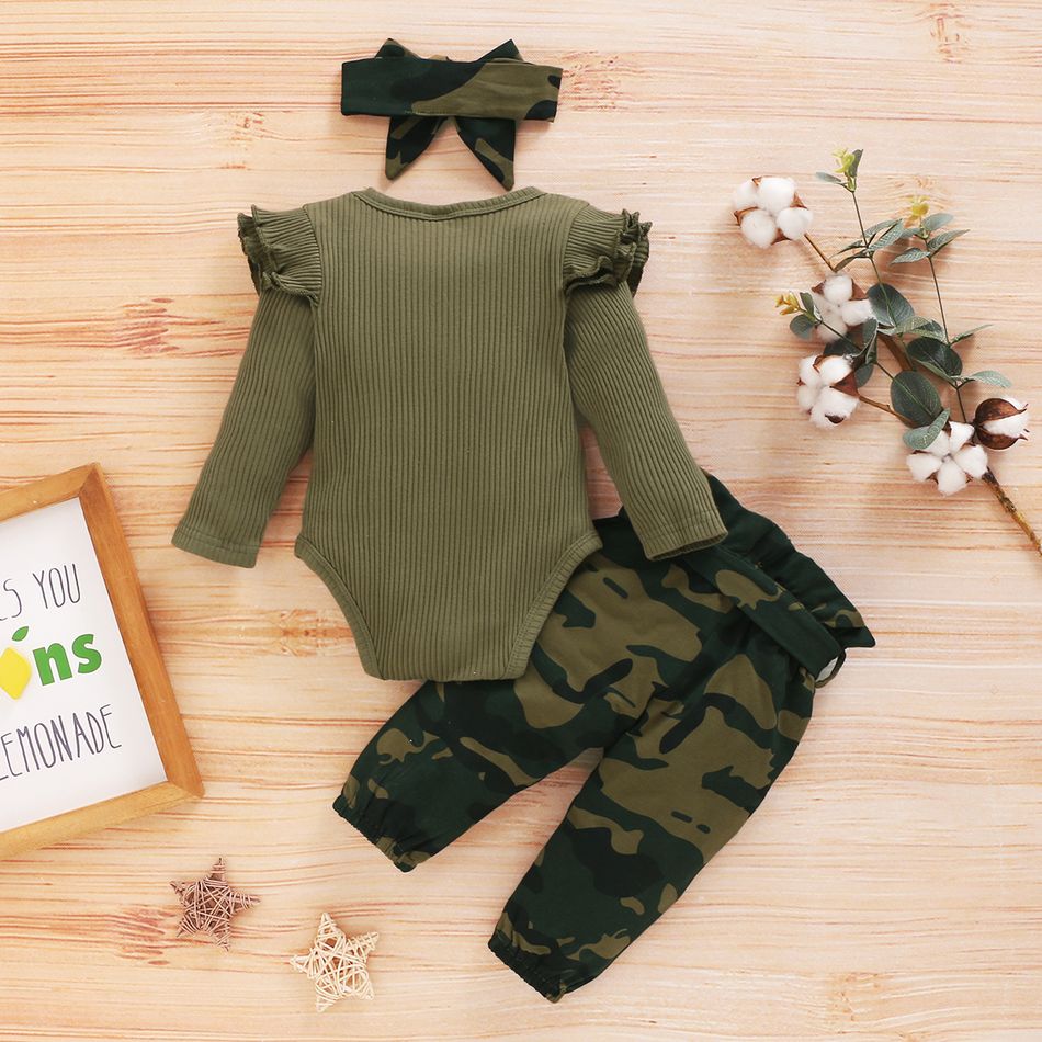 3pcs Baby Girl 95% Cotton Ribbed Ruffle Long-sleeve Romper and Camo Print Pants with Headband Set Army green big image 6