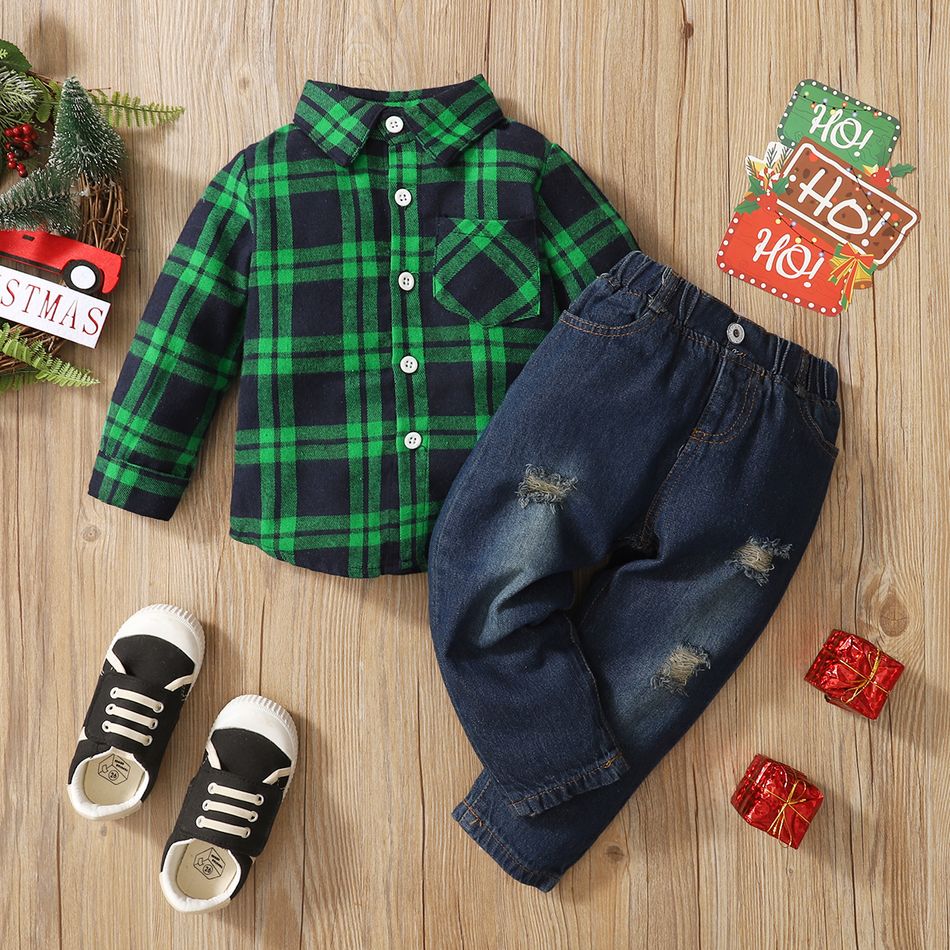 2-piece Toddler Boy Christmas Lapel Collar Button Down Long-sleeve Plaid Shirt and Ripped Jeans Denim Pants Set Green