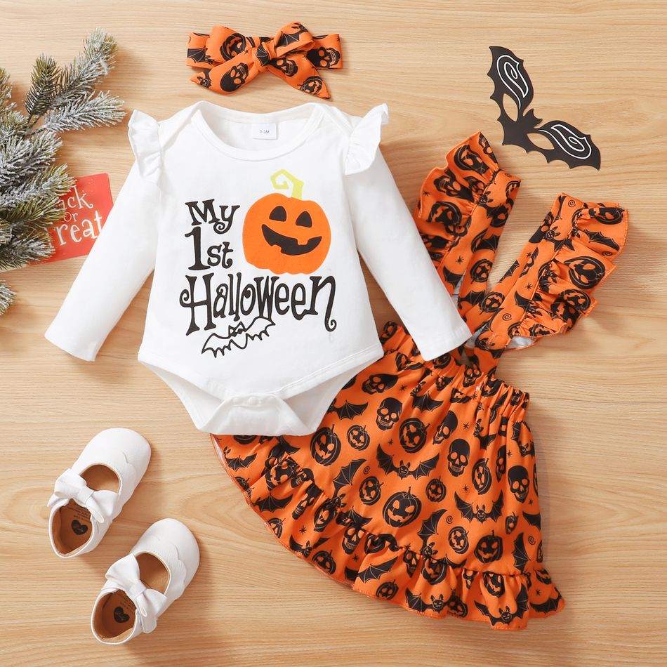 Baby 3pcs Halloween Letter Pumpkin Print Long-sleeve Romper and Suspender Skirt Set White