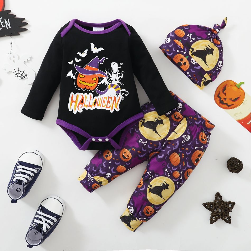 Baby 3pcs Halloween Letter Pumpkin and Wizard Print Long-sleeve Romper Set Black