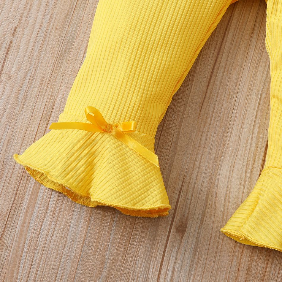 Baby Girl Solid Ribbed Stretchy Bell Bottom Flared Pants Leggings Yellow big image 3