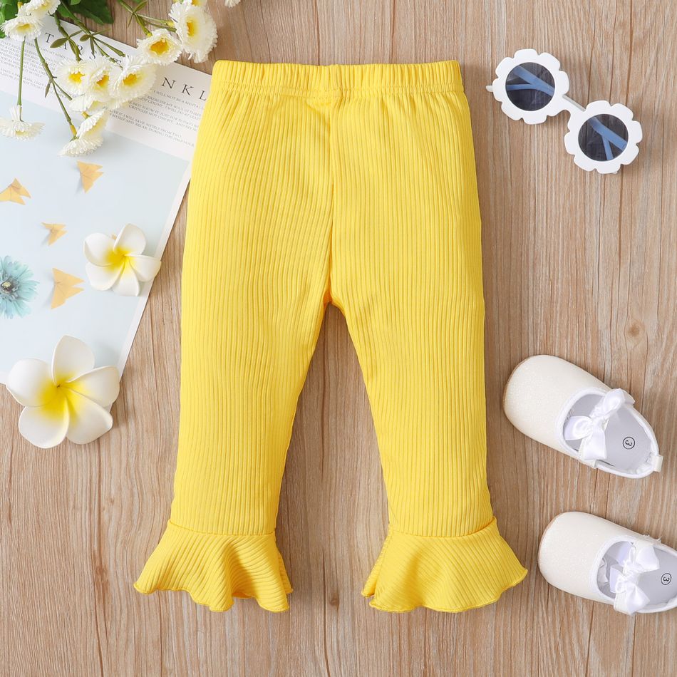 Baby Girl Solid Ribbed Stretchy Bell Bottom Flared Pants Leggings Yellow big image 4