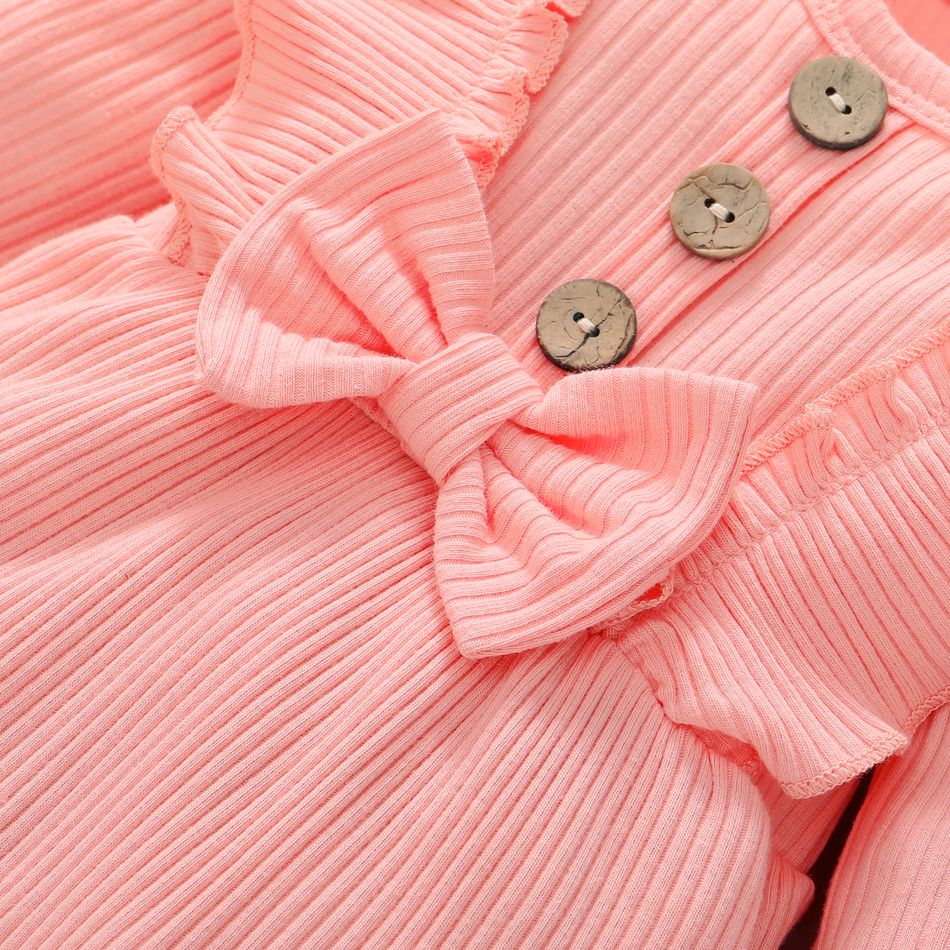 2pcs Baby Girl 95% Cotton Ribbed Long-sleeve Ruffle Bowknot Button Jumpsuit with Headband Set Pink big image 2