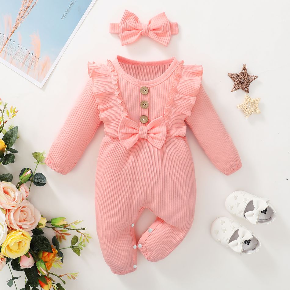 2pcs Baby Girl 95% Cotton Ribbed Long-sleeve Ruffle Bowknot Button Jumpsuit with Headband Set Pink big image 4