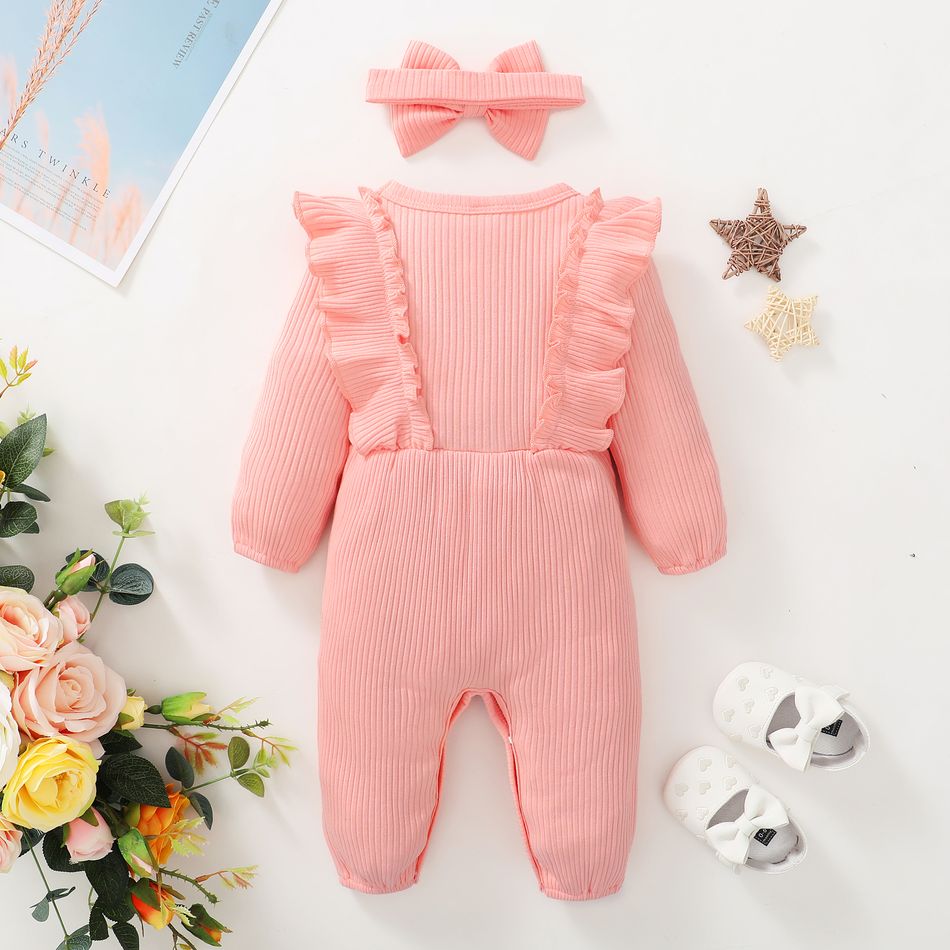 2pcs Baby Girl 95% Cotton Ribbed Long-sleeve Ruffle Bowknot Button Jumpsuit with Headband Set Pink big image 6