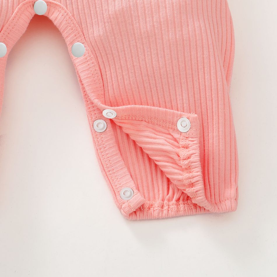 2pcs Baby Girl 95% Cotton Ribbed Long-sleeve Ruffle Bowknot Button Jumpsuit with Headband Set Pink big image 7
