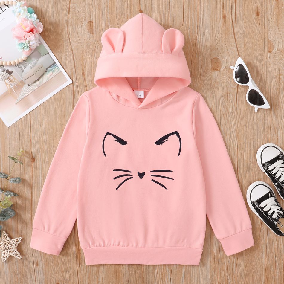 Kid Girl Cat Print Ear Design Solid Hoodie Sweatshirt/ 100% Cotton Elastic Denim Leggings Pink