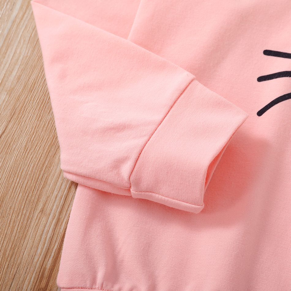 Kid Girl Cat Print Ear Design Solid Hoodie Sweatshirt Pink big image 4