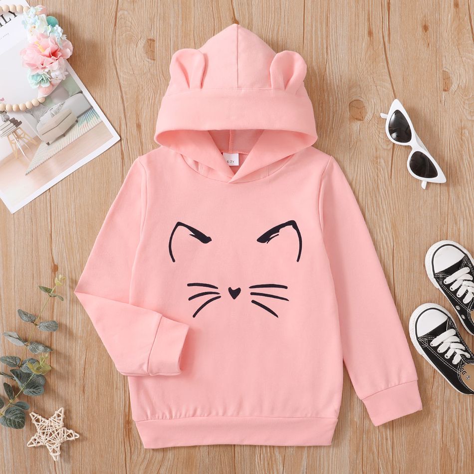 Kid Girl Cat Print Ear Design Solid Hoodie Sweatshirt/ 100% Cotton Elastic Denim Leggings Pink big image 5