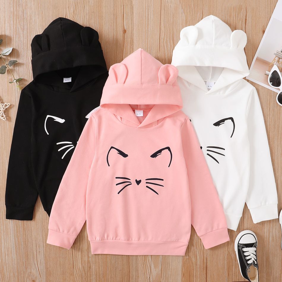 Kid Girl Cat Print Ear Design Solid Hoodie Sweatshirt Pink big image 7