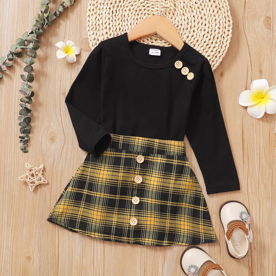 Toddler Girl Button Decor Long-sleeve Black Top and 100% Cotton Plaid Skirt Set Orange big image 1