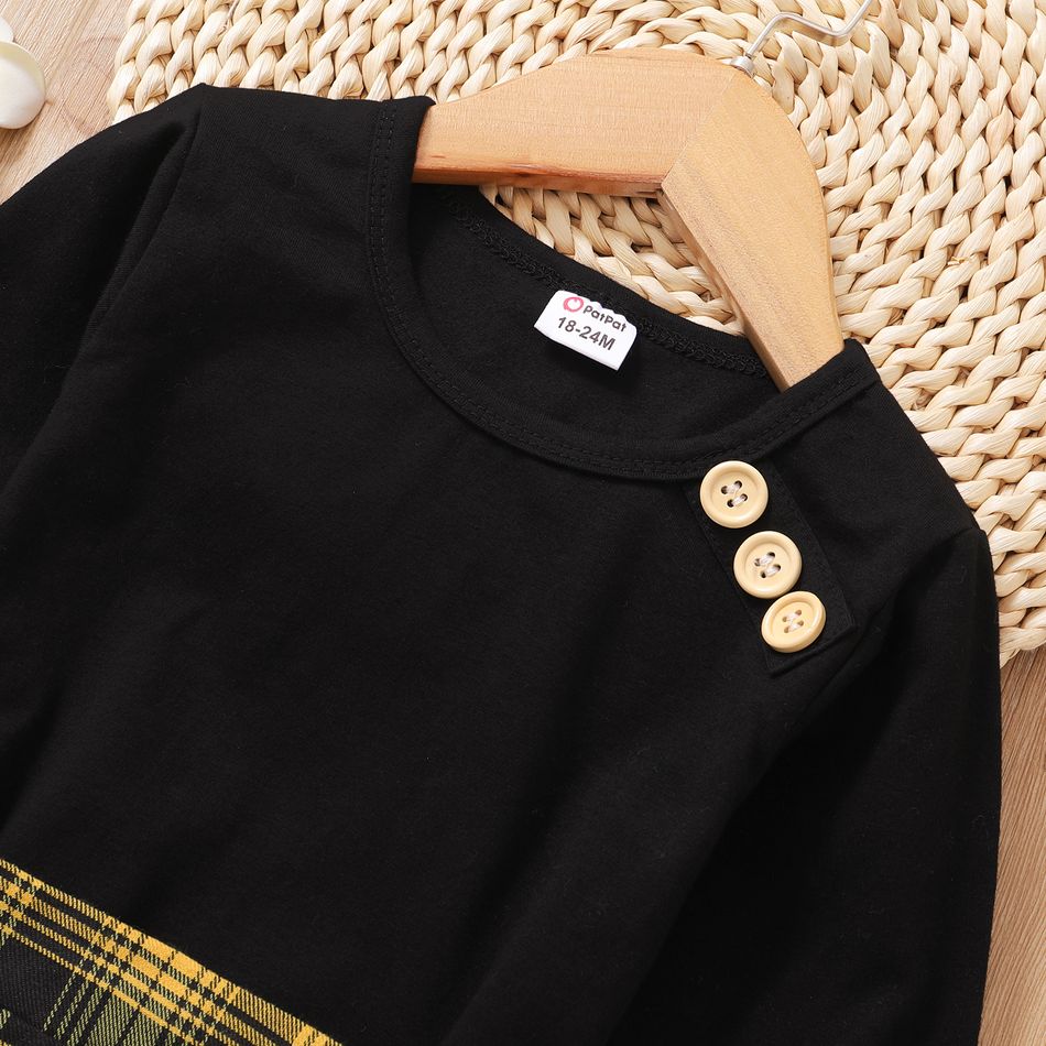 Toddler Girl Button Decor Long-sleeve Black Top and 100% Cotton Plaid Skirt Set Orange big image 4
