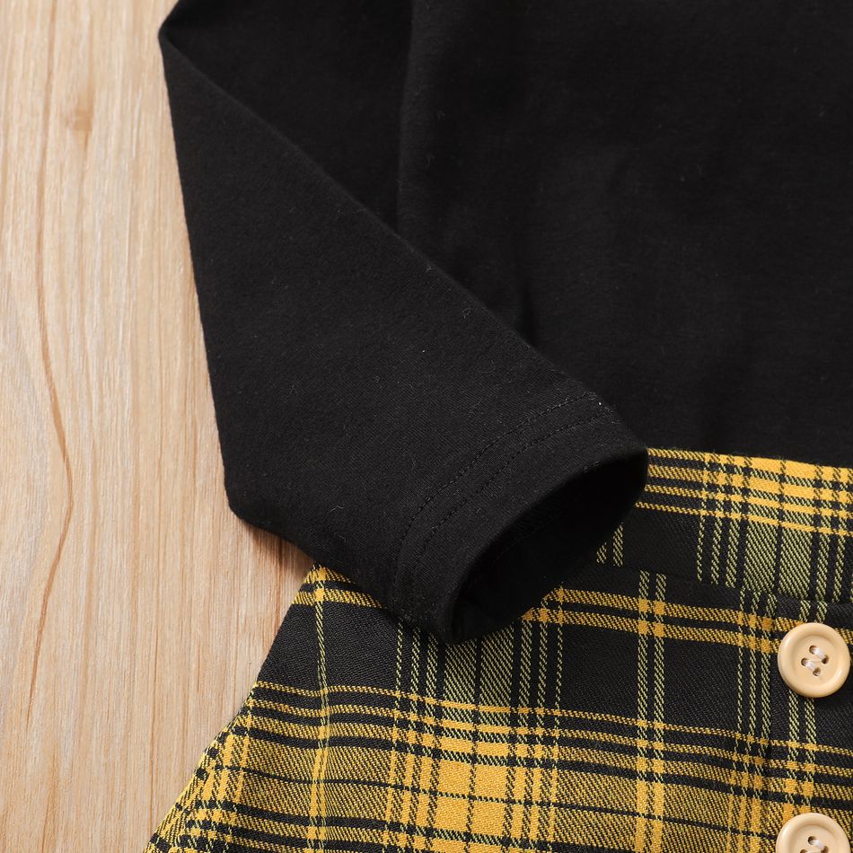 Toddler Girl Button Decor Long-sleeve Black Top and 100% Cotton Plaid Skirt Set Orange big image 5