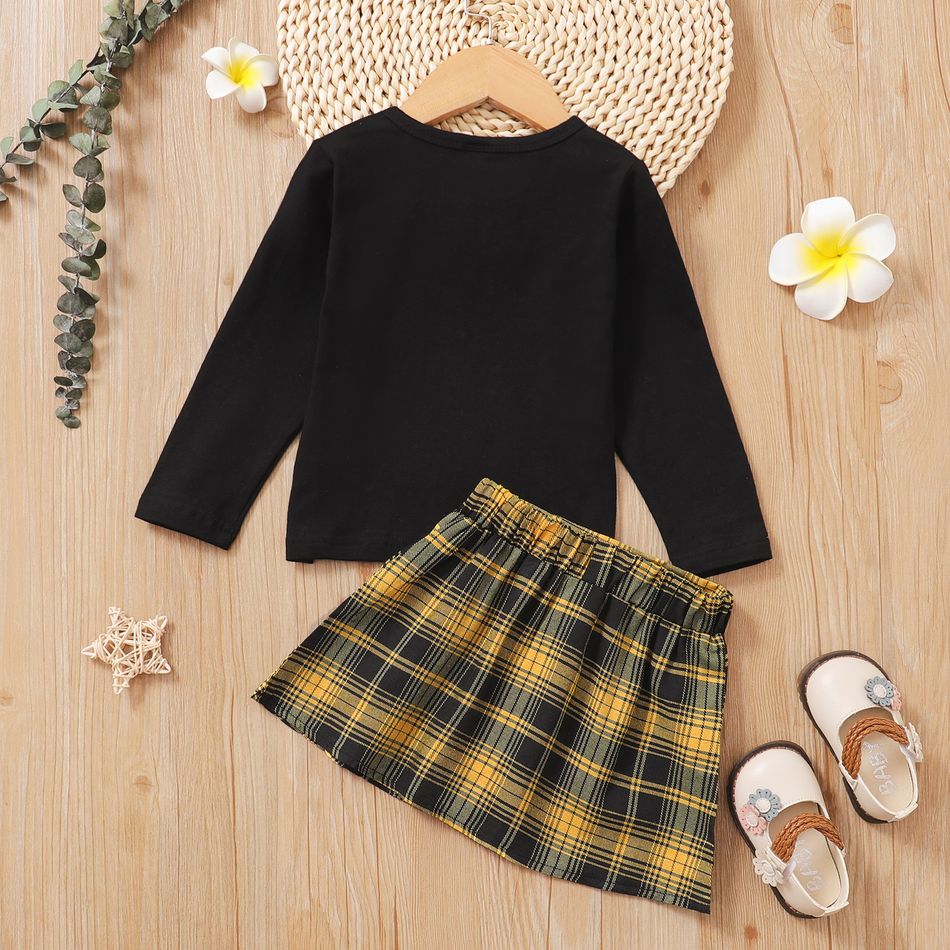 Toddler Girl Button Decor Long-sleeve Black Top and 100% Cotton Plaid Skirt Set Orange big image 3
