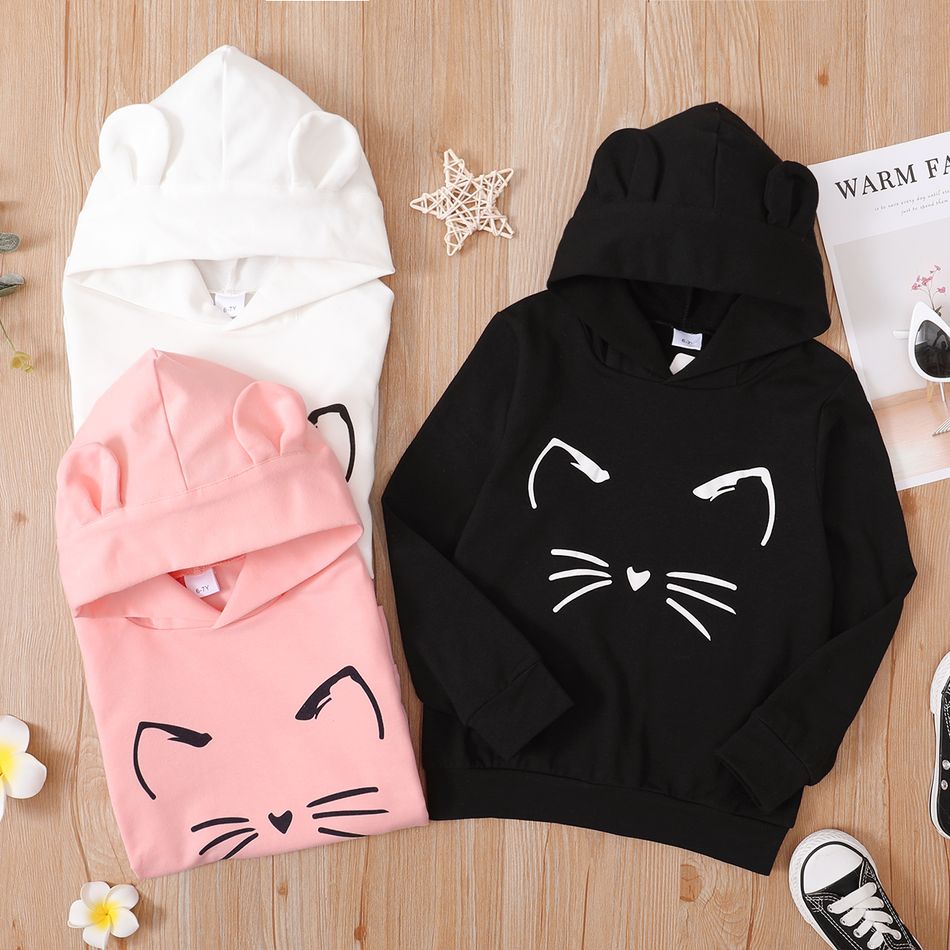 Kid Girl Cat Print Ear Design Solid Hoodie Sweatshirt/ 100% Cotton Elastic Denim Leggings Pink big image 8