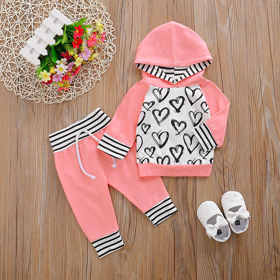 2pcs Heart and Striped Print Hooded Long-sleeve Pink Baby Set Pink big image 5