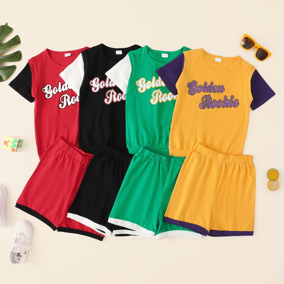 'Golden rookie' Color Block Letter Print Tee and Shorts Athleisure Set for Toddlers / Kids Red big image 8