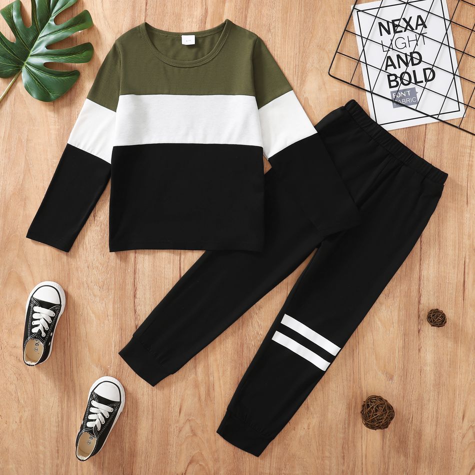 2-piece Kid Boy Colorblock Long-sleeve Top and Striped Pants Set Green big image 1