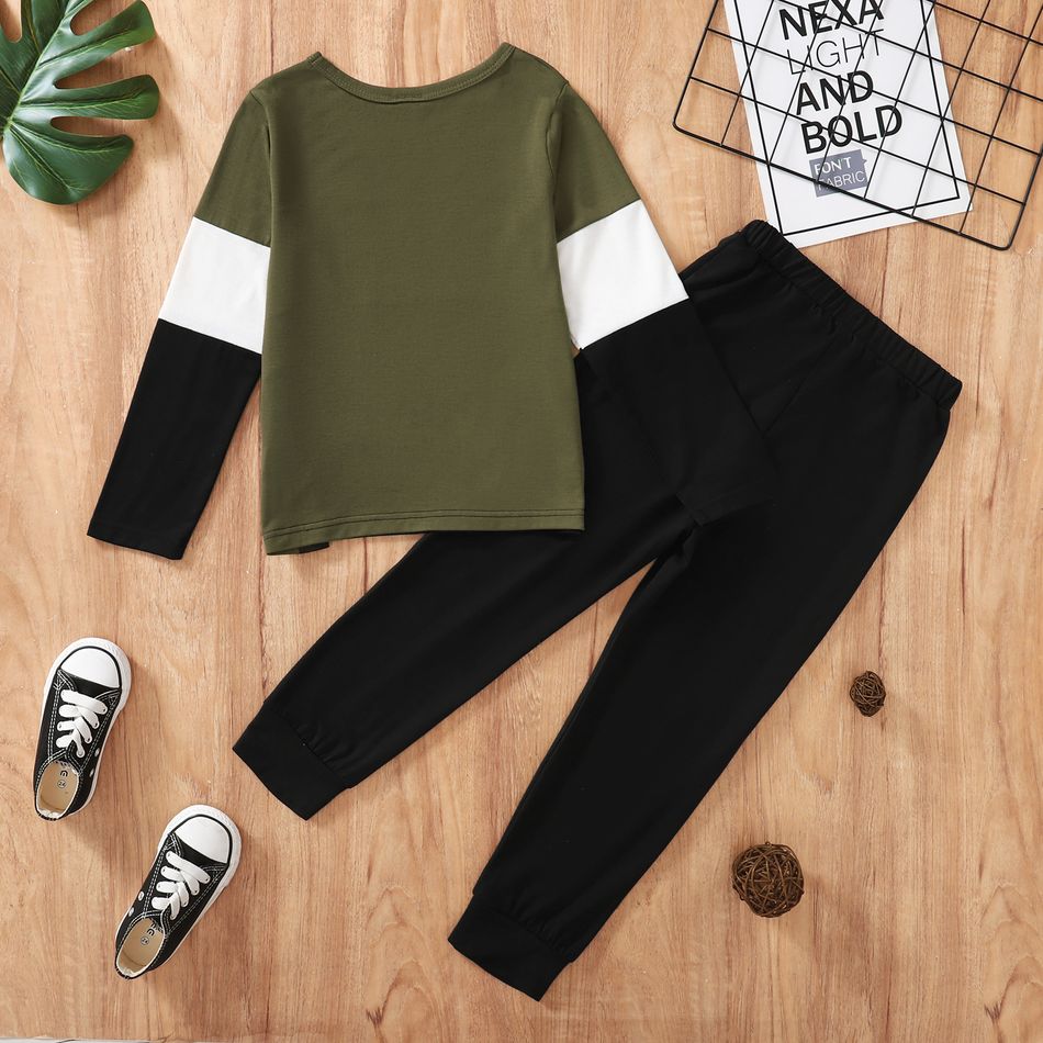 2-piece Kid Boy Colorblock Long-sleeve Top and Striped Pants Set Green big image 3