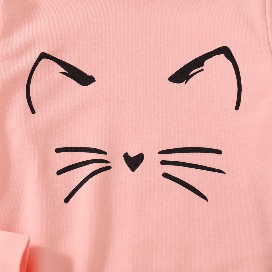 2-piece Kid Girl Animal Cat Print Hoodie Sweatshirt and Colorblock Pants Set Pink big image 5