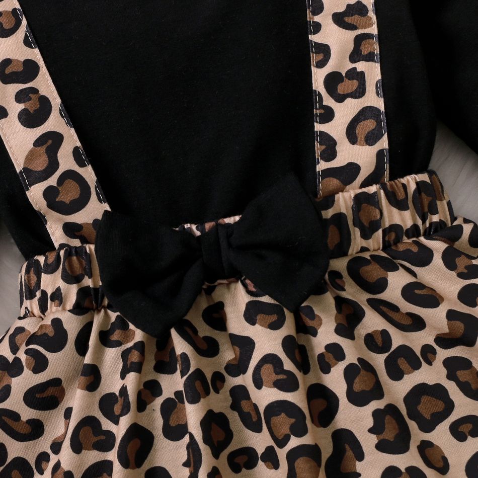 Baby Girl Leopard Splicing Black Cotton Ruffle Long-sleeve Faux-two Romper Dress Black big image 4