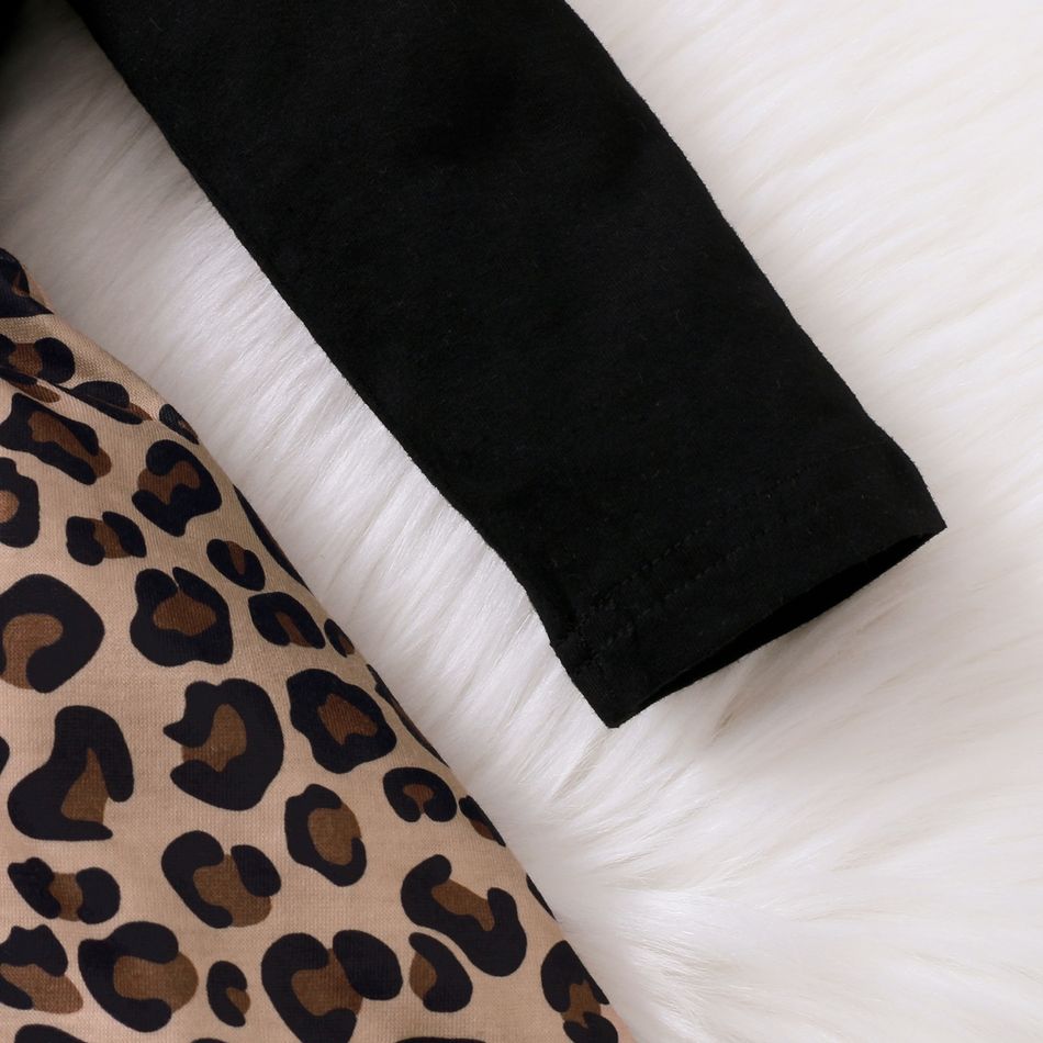 Baby Girl Leopard Splicing Black Cotton Ruffle Long-sleeve Faux-two Romper Dress Black big image 5