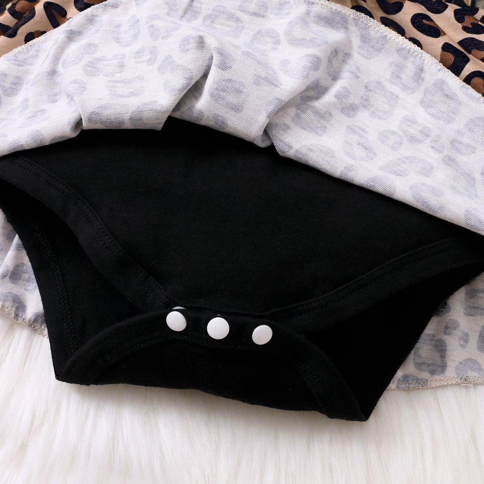 Baby Girl Leopard Splicing Black Cotton Ruffle Long-sleeve Faux-two Romper Dress Black big image 5