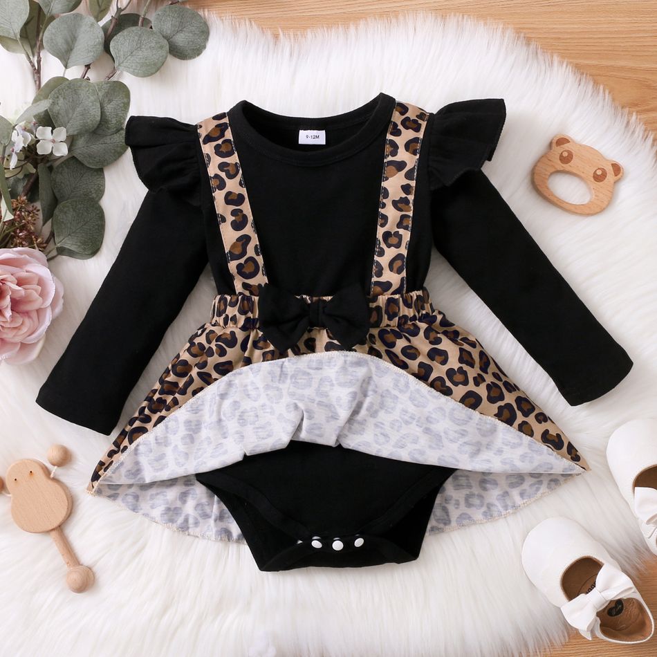 Baby Girl Leopard Splicing Black Cotton Ruffle Long-sleeve Faux-two Romper Dress Black big image 7