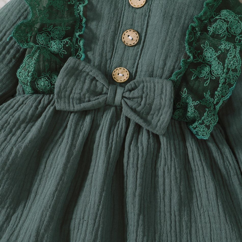 2 قطعة الدانتيل الربط القطن كريب مجموعة فستان طويل الأكمام الصلبة أخضر big image 4