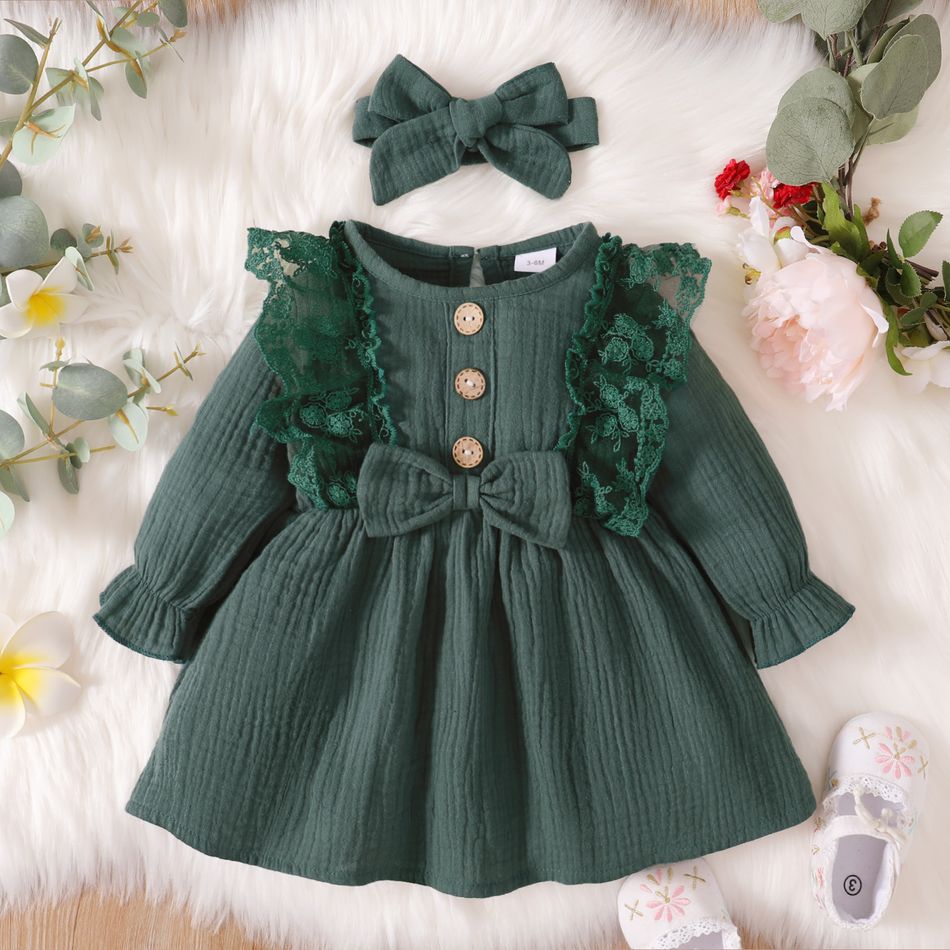 2pcs Lace Splicing Cotton Crepe Baby Solid Long-sleeve  Dress Set Green big image 1