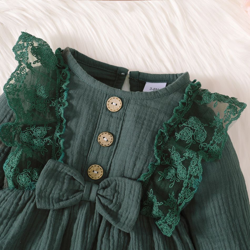 2 قطعة الدانتيل الربط القطن كريب مجموعة فستان طويل الأكمام الصلبة أخضر big image 2
