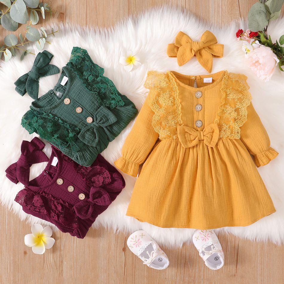 2pcs Lace Splicing Cotton Crepe Baby Solid Long-sleeve  Dress Set Green big image 9