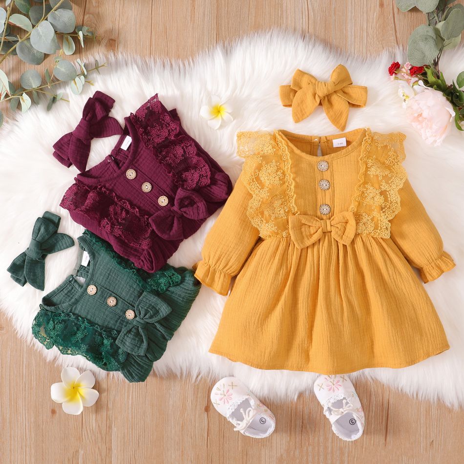 2pcs Lace Splicing Cotton Crepe Baby Solid Long-sleeve  Dress Set Green big image 8
