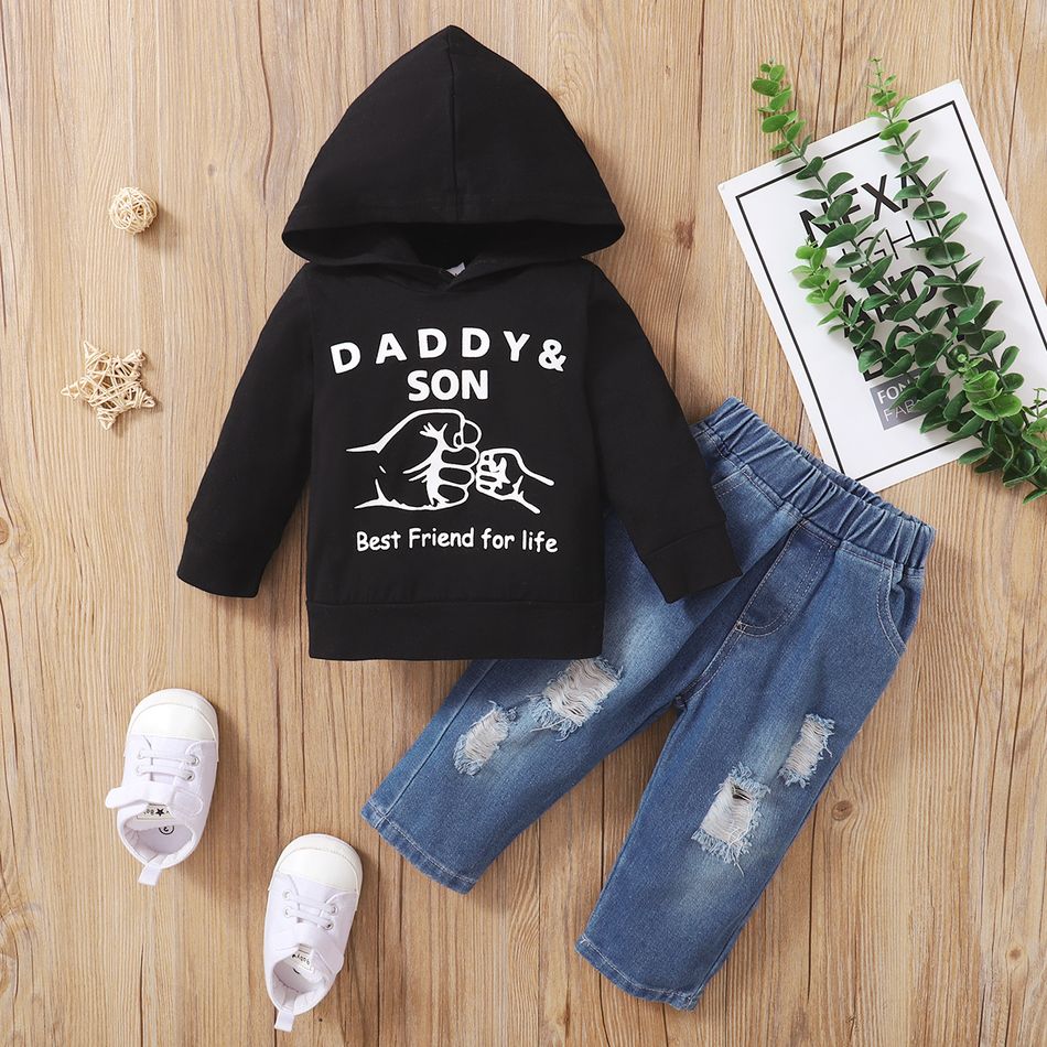 2pcs Baby Letter Print Cotton Long-sleeve Hoodie and Ripped Denim Jeans Set Black