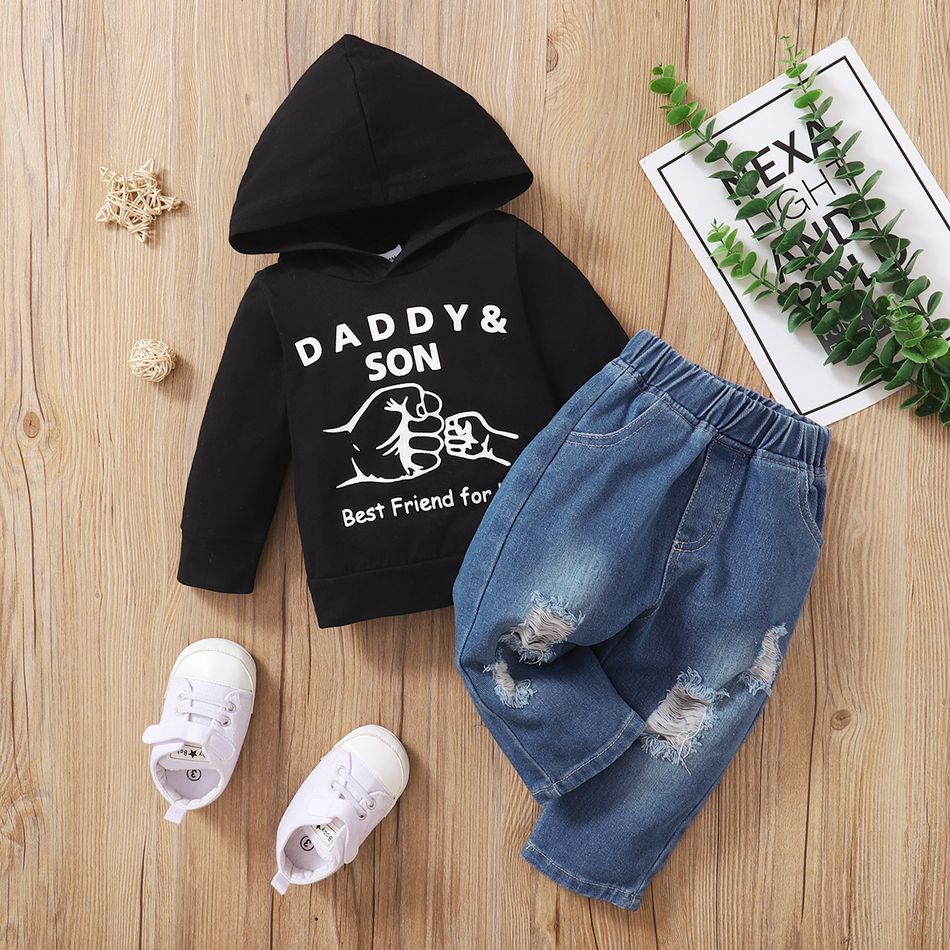 2pcs Baby Letter Print Cotton Long-sleeve Hoodie and Ripped Denim Jeans Set Black big image 8