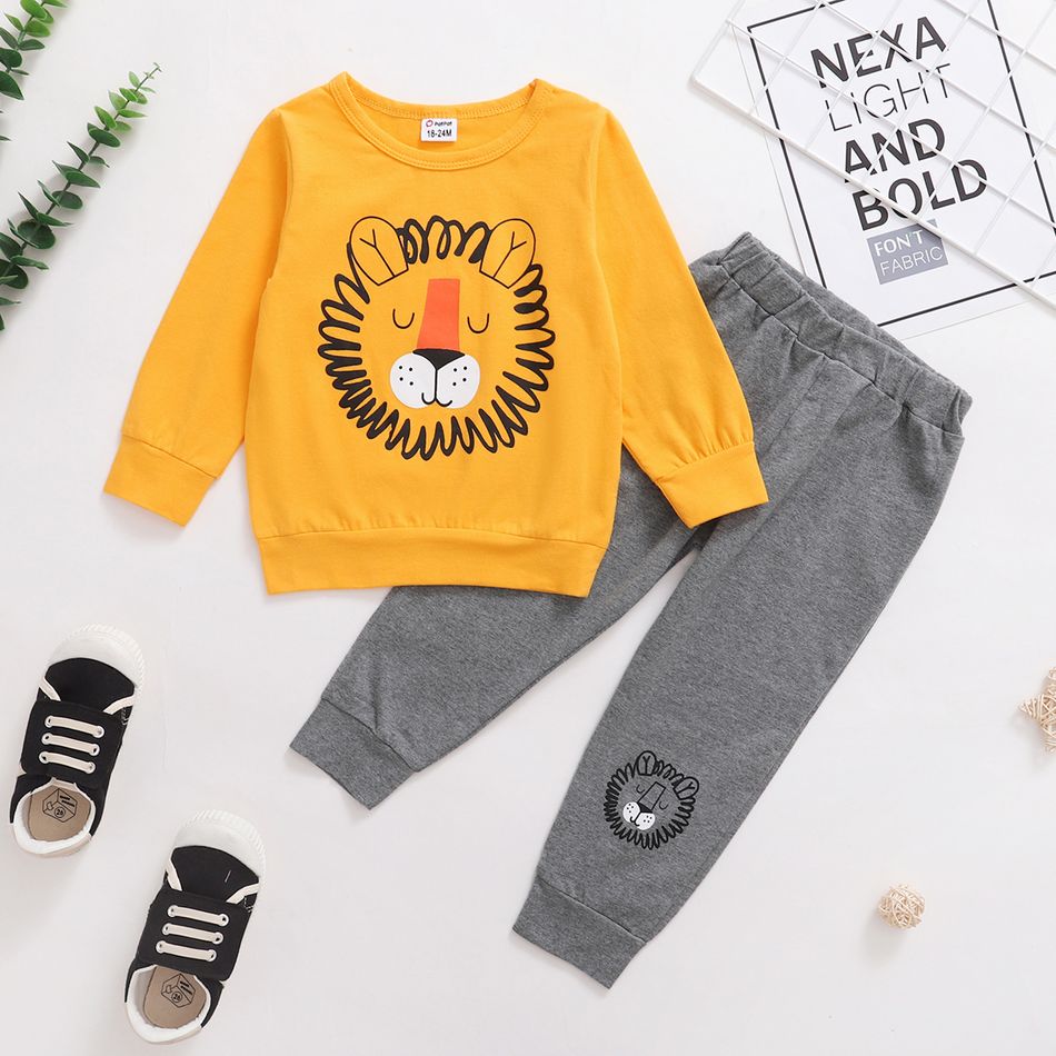 2-piece Toddler Girl/Boy Lion Print Pullover Sweatshirt and Pants Set Yellow