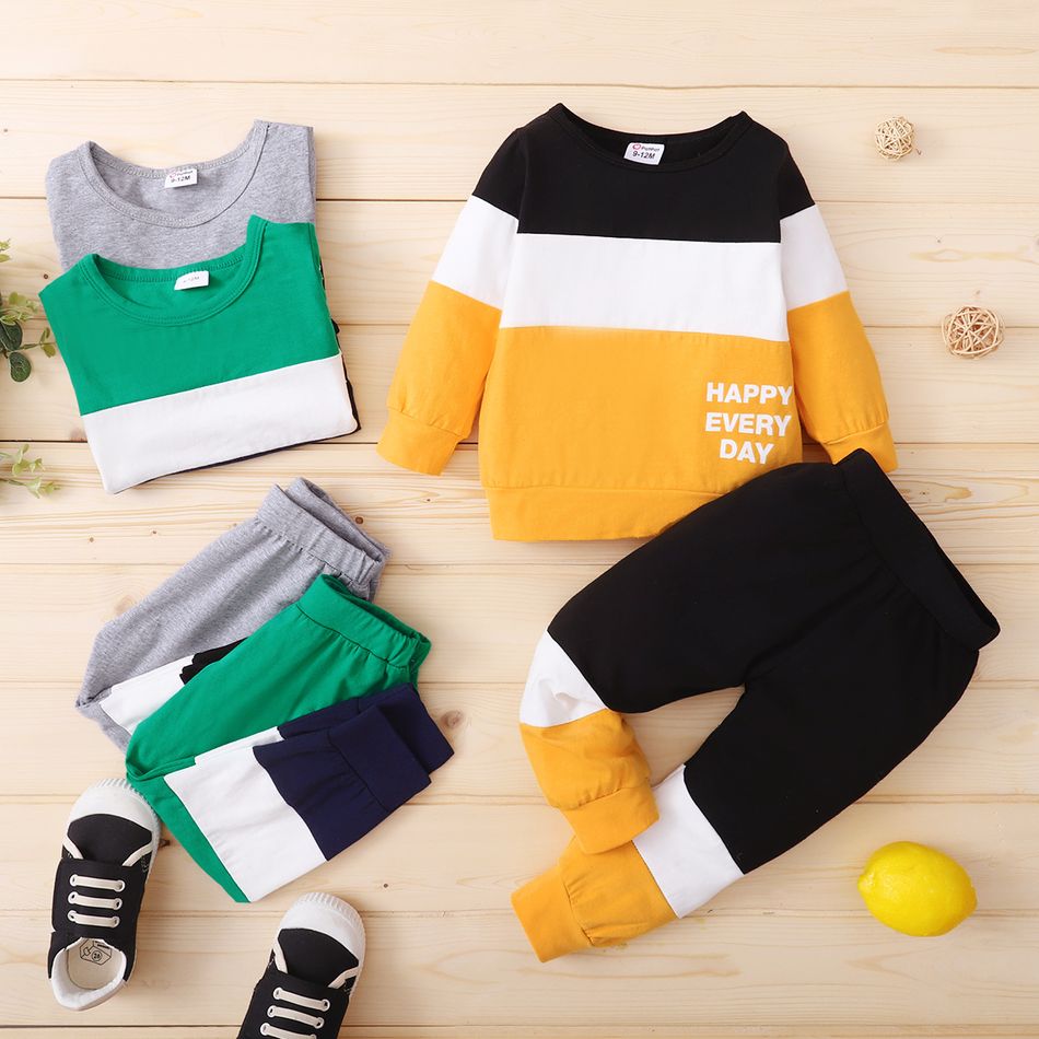 2pcs Baby Boy 95% Cotton Long-sleeve Letter Print Colorblock Sweatshirt and Pants Set Color block