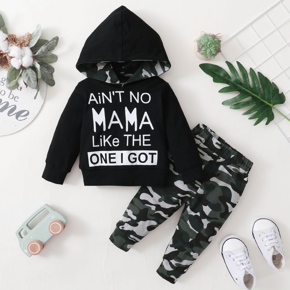 2-piece Baby Boy Letter Camouflage Print Hoodie Sweatshirt and Pants Casual Set Black big image 2