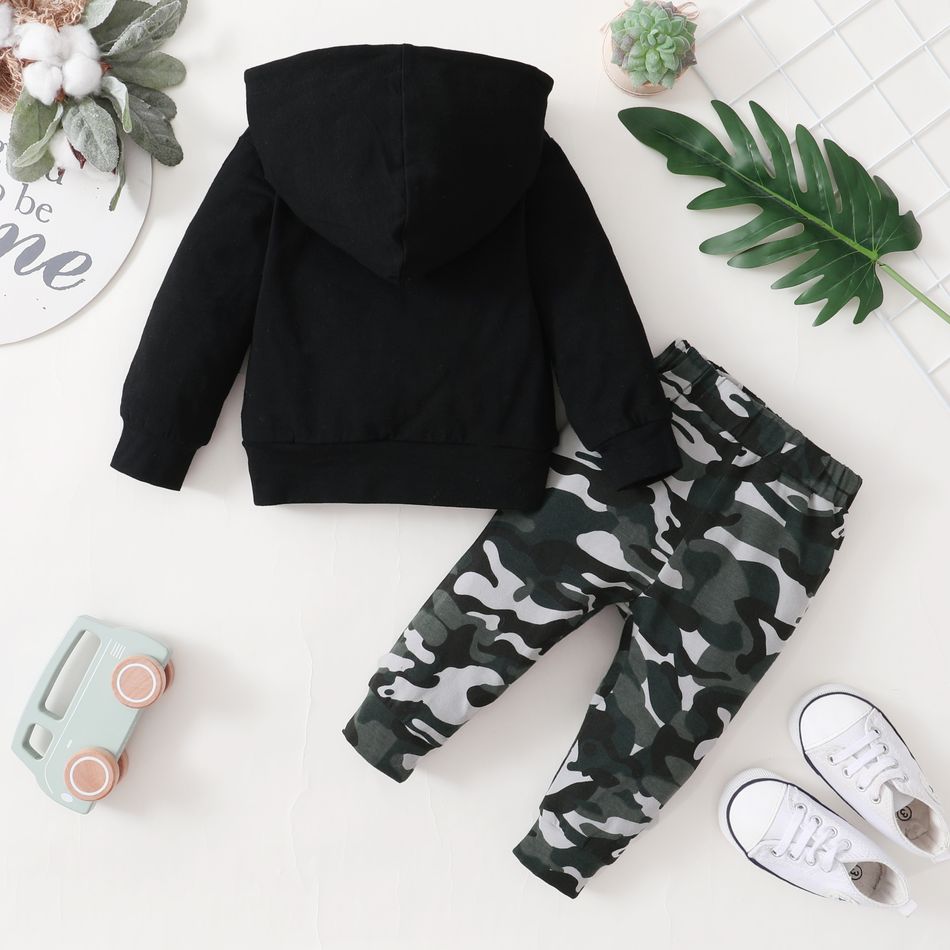 2-piece Baby Boy Letter Camouflage Print Hoodie Sweatshirt and Pants Casual Set Black
